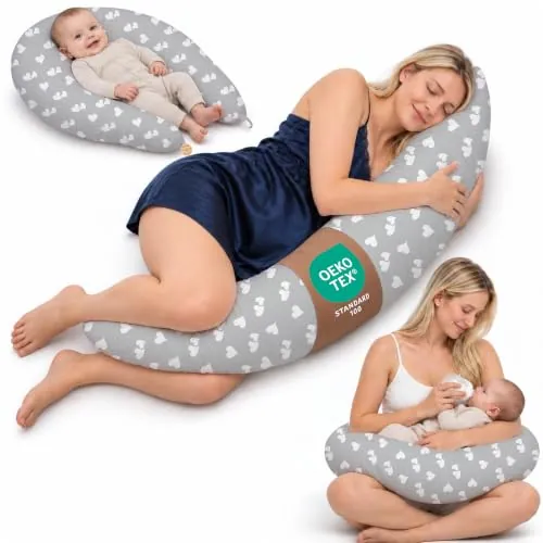 Almohada Embarazada para Dormir y Cojín Lactancia y Embarazo en Algodón | Funda Desenfundable y Lavable, Relleno Suave, Regalo Maternidad para Futuras Mamás, Soporte Espalda y Barriga, OEKO-TEX