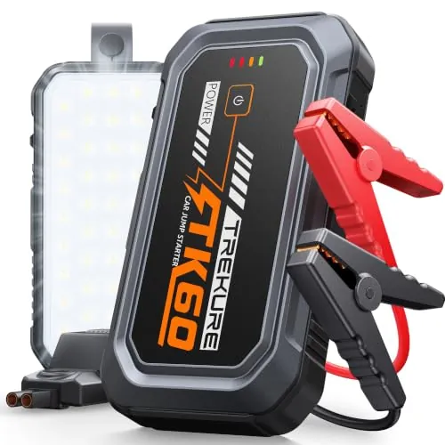 TREKURE TK60 Arrancador de Coches 7000A, Arrancador de Baterías de Coche con Boost(hasta 9,0L de Gas y 8,5L de Diésel), Panel Magnético Frontal, Luz LED de Panel Completo 4 en 1 y Mango de Apertura