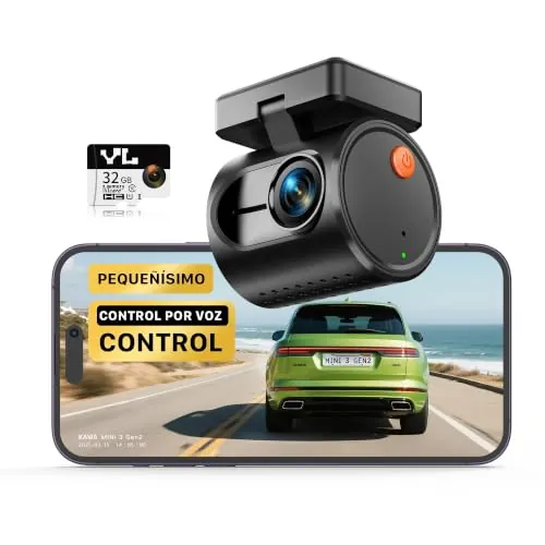 KAWA Cámara para Coche Mini 2K con Control por Voz y WiFi | 1296P QHD, G-Sensor, 32GB TF Gratis, App, WDR/DNR, Súper Visión Nocturna, 24h Park