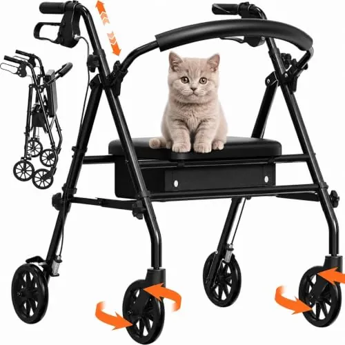 Andador para Ancianos Plegable con Asiento, hasta 158 kg | Plegado en 3 s, 7,85 kg, manillares para 150–190 cm, asiento acolchado, respaldo curvo, bolsa bajo el asiento