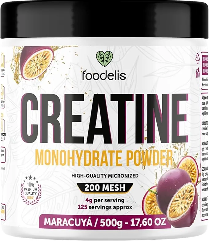 Foodelis Creatina Monohidratada en Polvo 500 g – Sabor Maracuyá – 100% Creatina Micronizada – Alta Pureza – Sin Aditivos – Vegana – Alta Solubilidad – Incluye Dosificador