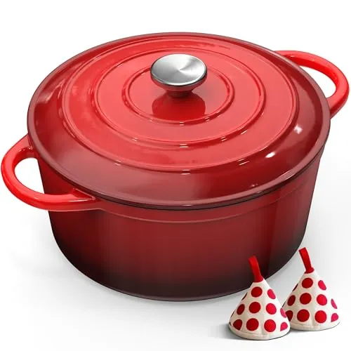 Olla de Hierro Fundido - 26cm Cacerola Holandesa de Esmaltado con Tapa, Topbooc Redonda Sartén Dutch Oven Sarten Cocotte para Hornear Pan, Guisar, Cocinar, para Cocinas de Inducción, Horno, Gas, 5L