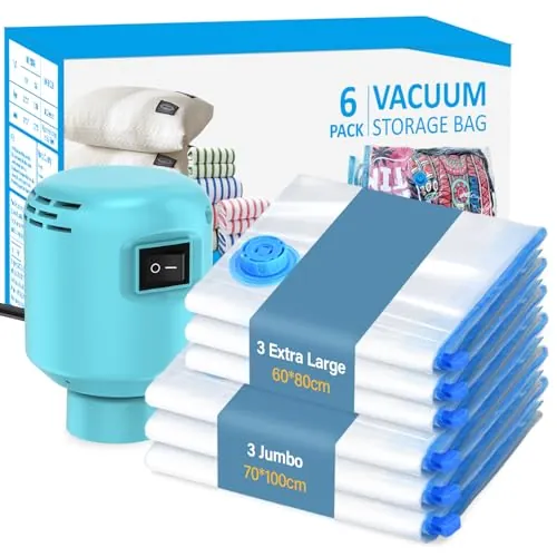 Kissleaf Bolsas de Vacío para Ropa Con Bomba de Aire Eléctrica - Paquete de 6 Con Doble Cremallera (3 Jumbo, 3 Grandes) - Organizadores de Maleta para Edredones y Colchas