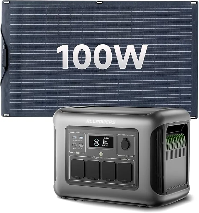 ALLPOWERS R1500 LITE generador solar portatil 1600W (pico 3200W)/1056Wh Batería LiFePo4,MPPT 650W max,SAI<15ms,Carga Solar/Red/Coche,para Hogar Emergencias Exteriores (R1500 LITE+SF100-100W)