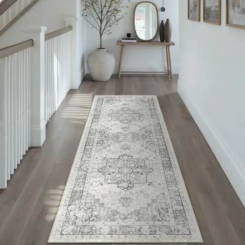PureCozy Vintage Alfombras Pasillo 60x180cm Gris Alfombra Cocina Lavable Lavadora Antideslizante Pelo Corto Carpet Pie de Cama Dormitorio Comedor Oficina Larga Tapete