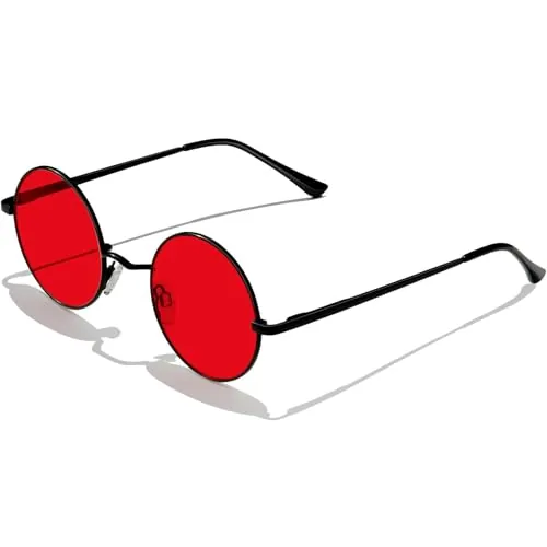 KANASTAL Gafas de Sol Redondas Rojas Hombre Mujer Retro Vintage Pequeñas Red Round Sunglasses Metal Circulos UV400 - Montura Negras con Lentes Rojas