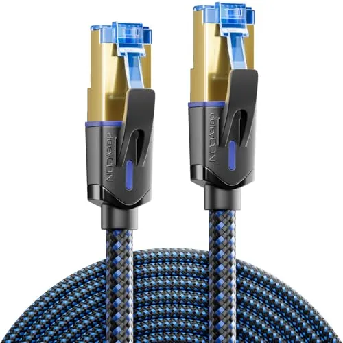 deleyCON Cable de Red CAT 8 15m (40 Gbit/s, Nailon, 100% Cobre) S/FTP PIMF - Cable Ethernet Gigabit LAN - Conector RJ45 para CAT8 CAT7 CAT6 PoE PS5 Router PC Portátil - Negro