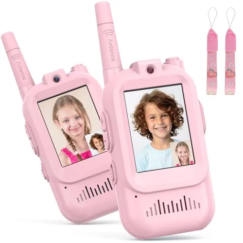 Walkie Talkie Niños Recargable, Walkie-Talkie Niños con Videollamada, LCD Pantalla, Largo Alcance, Regalos de Cumpleaños, Juguetes al Aire Libre para Niños de 3 a 12 Años, Paquete de 2-Rosa