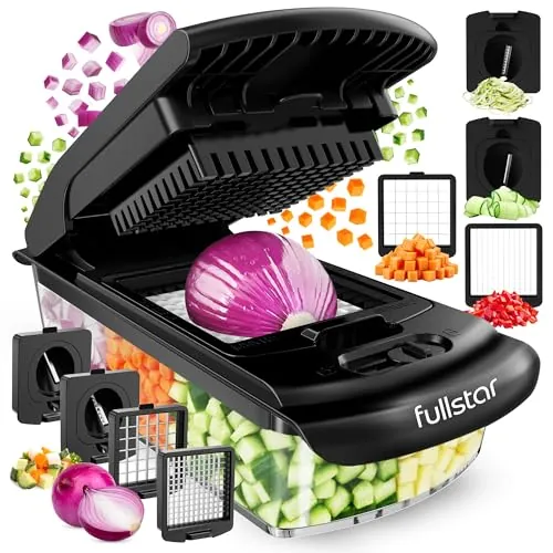 Fullstar Pro Original - Cortador de Verdura y Espiralizador - 4 Cuchillas | Corte en Espaguetis de Calabacín - Picador de Verduras Manual para Patatas, Cebolla y Frutas (4-en-1, Negro)