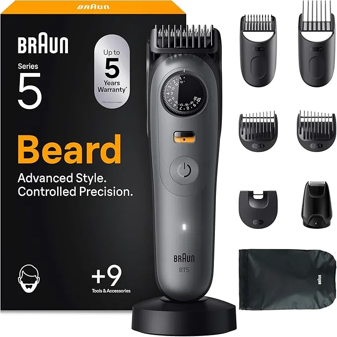 Braun Recortadora De Barba Series 5 BT5565, Barbero Recargable Resistente Al Agua, +9 Accesorios De Afeitado, 120 Min De Autonomía, 40 Longitudes, Lámina Ultra Afilada, Gris