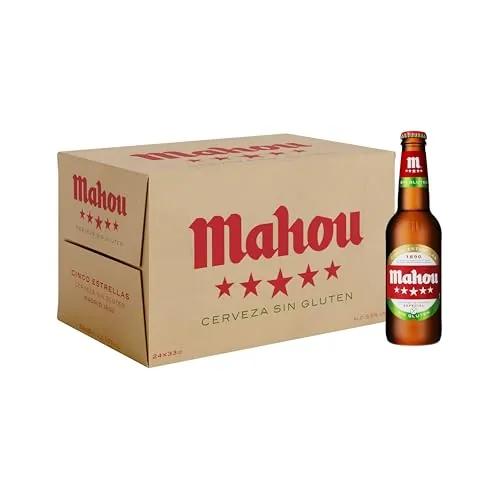 Mahou 5 Estrellas Sin Gluten, Cerveza Lager Dorada, Pack 24 Botellines 33cl