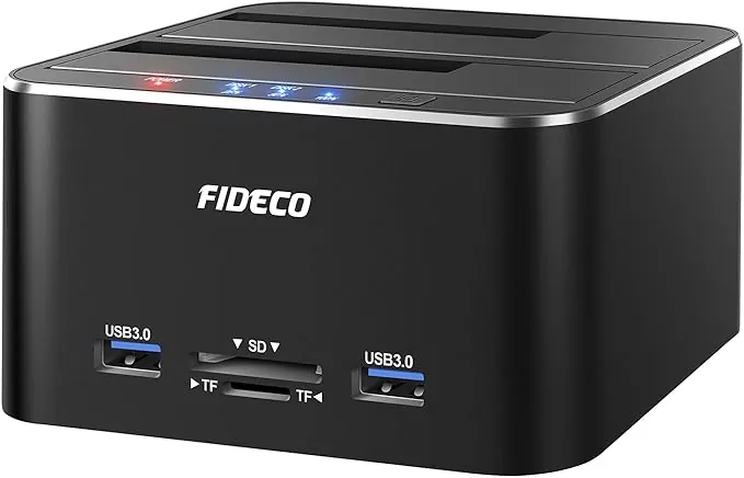 FIDECO - Estación de Acoplamiento para Disco Duro, USB 3.0 de Aluminio para Disco Duro de 2,5"/3,5" SATA HDD SSD, Lector de Tarjetas TF y SD, Compatible con Clones Fuera de línea