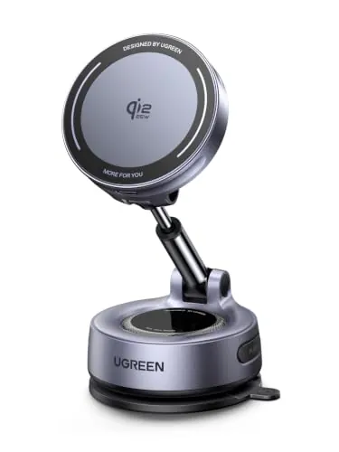 UGREEN Qi2 25W Cargador Inalámbrico para Coche Magsafe, Ventosa de Nanogel | Compatible con iPhone 18/17/16/15/14/13/12 Pro Max Air Plus, Soporte Carga Magnética con Brazo Extensible y Rotación 360°
