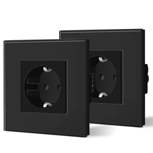 BSEED Enchufe de Pared con Cristal,Enchufes Empotrable Estándar,Toma de Corriente,Seguridad infantil,Fácil de Instalar,M Serie,1 Enchufe - 2 Paquetes,86mm Negro