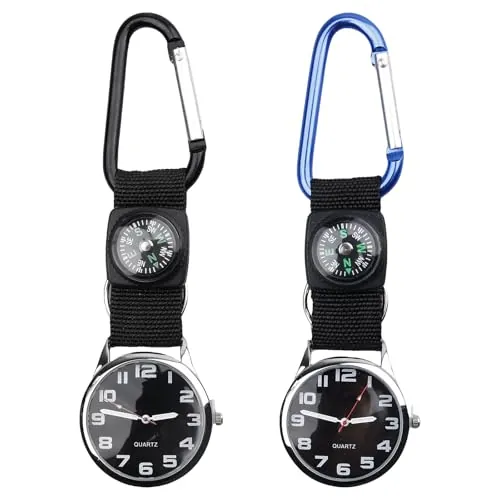 Nizirioo Reloj de bolsillo con mosquetón y brújula, 2 unidades, práctico reloj de exterior para hombre, enfermeras, ciclistas y excursionistas