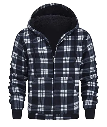 geeksport Sudadera Cuadros Hombre con Capucha Franela de Invierno Cálido Sudaderas Hombres Cremallera Forro Polar Hoodie 0569 Verde Tibetano L