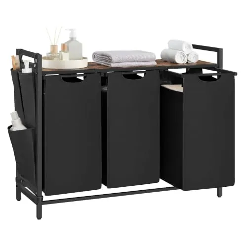VASAGLE Cesto Ropa Sucia, 3 Compartimentos con Estante, 120 L