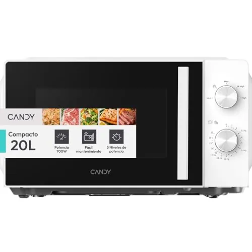 Candy WAVE 300 YEUMW3CSMW, Microondas de 20L, 700 W, 5 niveles de potencia, Control Manual con doble dial, Fácil limpieza, Función de descongelación, Color blanco