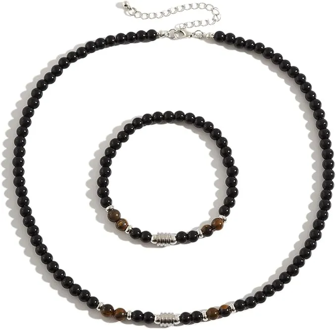 Conjunto de cadena con cuentas de piedra de ojo de tigre, conjunto de pulsera y collar con cuentas de piedra natural para hombre, cadena de joyería de moda, nuevo conjunto de joyería
