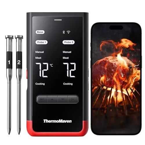 ThermoMaven P2 Mejorado Termómetro de Carne Inalámbrico con 2 Sondas | WiFi y RF hasta 610 m, precisión ±0,3 °C, IPX8, certificado NIST y NSF, termómetro para barbacoa y horno
