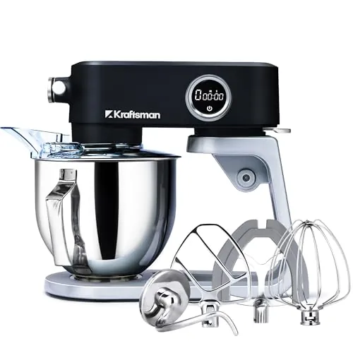 Kraftsman Robot de cocina, amasadora para masa de pan, carcasa de metal, 8 niveles con temporizador, cuenco de 5 L, 4 cabezales de acero inoxidable (Negro)