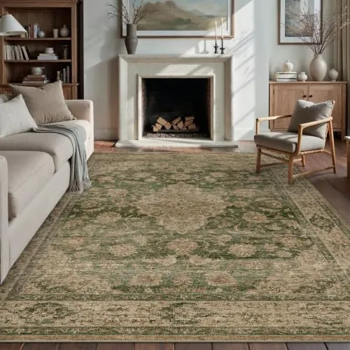 PureCozy Alfombra Salon 200x300cm Verde Antideslizante Lavable Vintage
