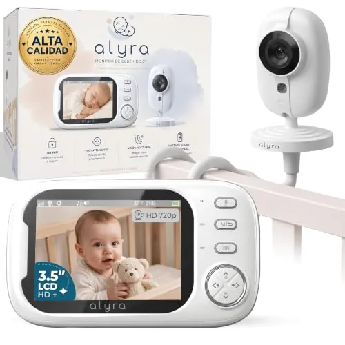 ALYRA® Super Pack De Camara Vigilancia Bebe 720pHD + Soporte Camara Vigilancia Bebe Premium | Baby Monitor 3,5" | Camara Bebe con Tecnologia VOX +100h Bateria | Sin WiFi | Vigilabebes con Camara