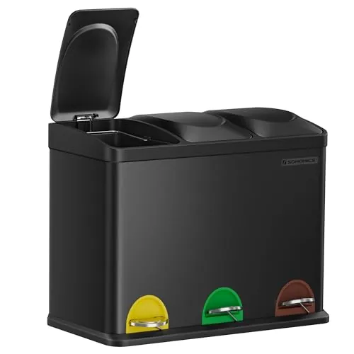 SONGMICS Cubo Triple para Cocina, 45 L, 3 x 15 L, Pedal, Acero