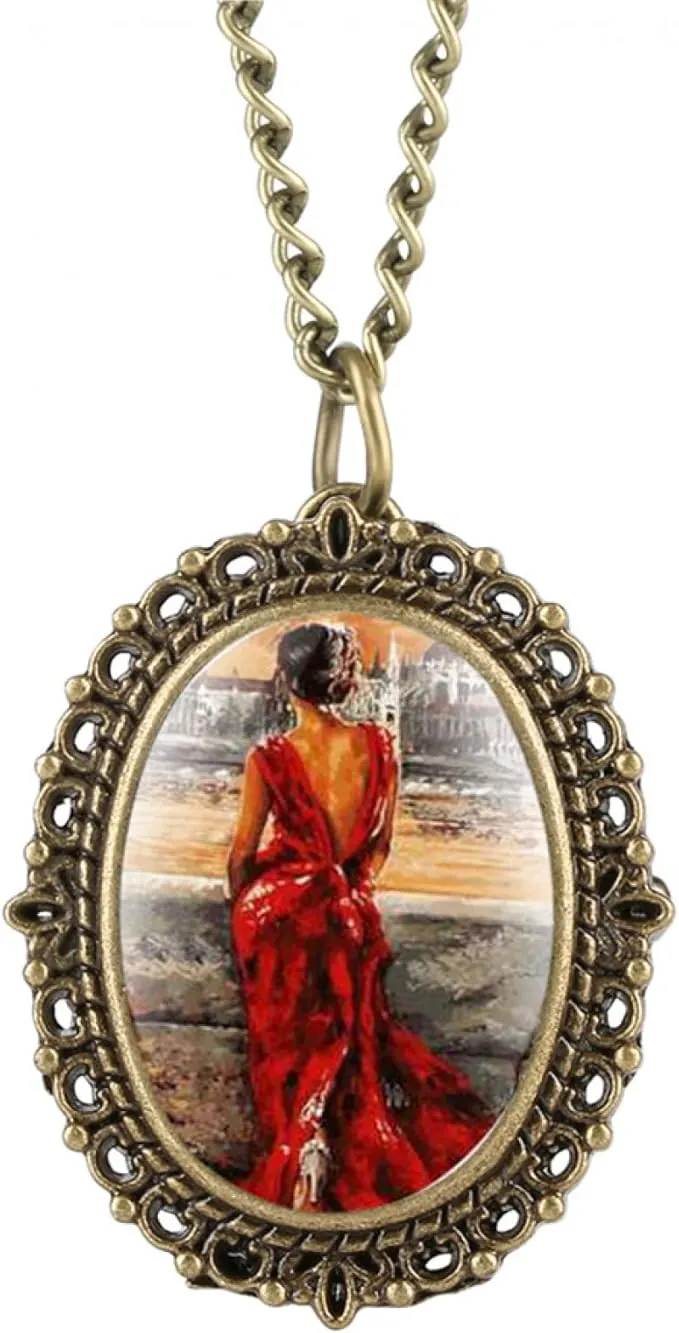 Pequeño dial Ovalado de Cuarzo Reloj de Bolsillo Collar Mujeres en Rojo Vestido patrón Relojes señoras Relojes Colgantes