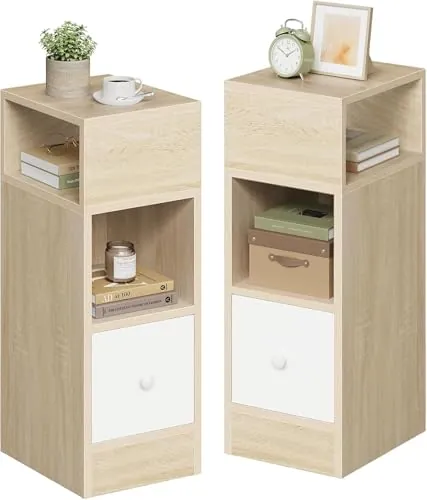 EUGAD Mesitas de Noche Pack 2 Estrechas Roble Claro con 2 Compartimentos y 1 Cajón, 25x30x66 cm, Mesillas Auxiliares para Dormitorio Pequeño y Salón Espacios Reducidos, Moderno Madera, 0192ZZ-2