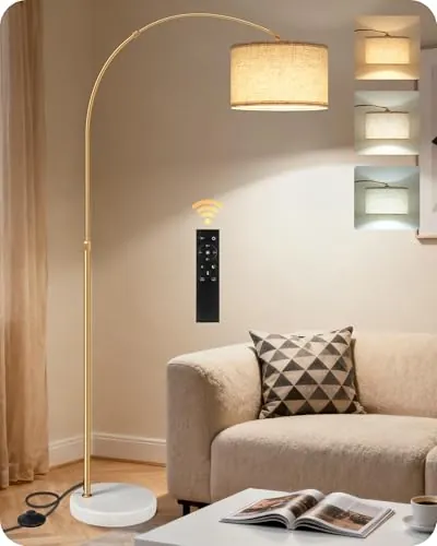 GOEBLESON Lámpara de Pie Dorada Arco de Salón, Moderna | Altura Ajustable 158-188cm, con Bombilla LED y Mando, Luz Direccional con Cabezal Orientable y Base Pesada, Beige y Oro