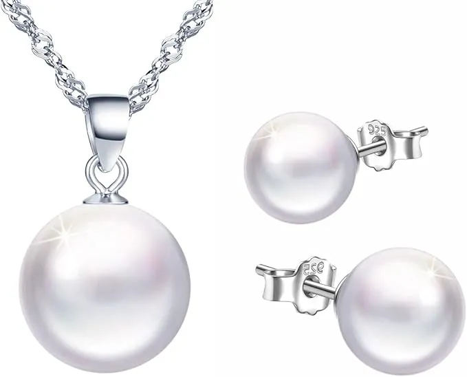 Yumilok Collar y Pendientes de Plata esterlina 925 para Mujer niña, joyería de Perlas, aretes de Perlas, Juegos de Joyas, Regalo de cumpleaños de Navidad