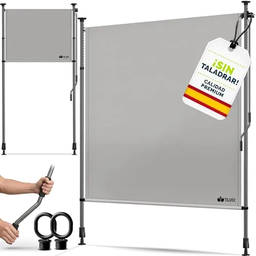 Tillvex® Toldo vertical gris con manivela, protección visual extensible y opaca, para balcón, terraza, jardín