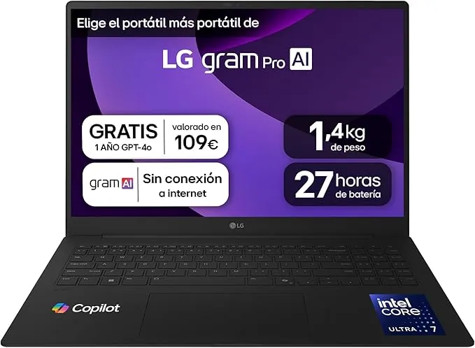 LG gram Pro 16Z90TR-E.AD88B Portátil 16", Windows 11, Intel Core Ultra7 255H, 32GB RAM, 1TB SSD, NVIDIA RTX5050, Pantalla IPS, (2560x1600), 1.360 g, 27 Horas, Negro