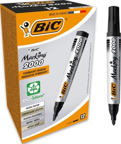 BIC Marking Rotuladores Permanentes, 2000 ECOlutions, Negro, Punta Media, Material Oficina, Caja de 12