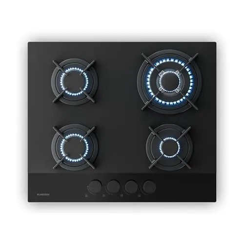 Klarstein Velaire Placa de Gas 60 cm - 4 Quemadores, 8000 W, Vidrio, GLP & Gas Natural, Encendido Eléctrico, Protección Antillama, Kit Conversión, Encimera Cocina Moderna, Negro