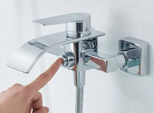 Kelleria Grifo de Bañera - Diseño de Cascada, Grifo Mural de Latón con Interruptor de Presión para Bañera y Ducha, Mezclador Monomando, Fácil de Instalar, Incluye Accesorios, Cromo