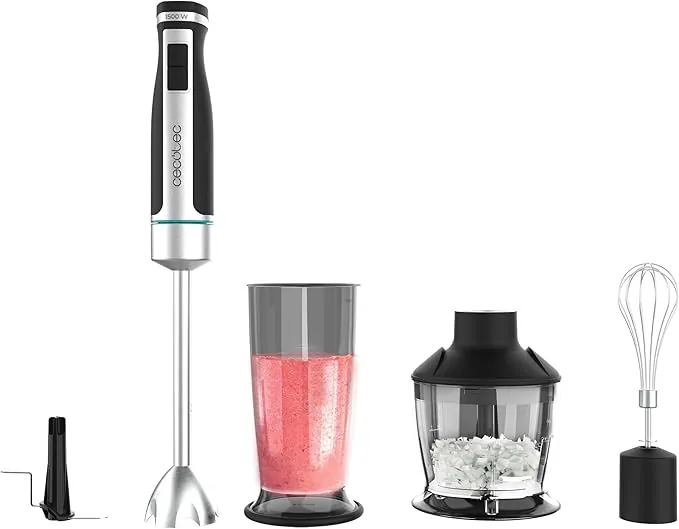 Cecotec Batidora de Mano PowerGear 1500 XL Pro. 1500 W, 21 Velocidades + Turbo, Acero/Silicona, Pie XL, Cuchilla de 4 hojas, Recubrimiento Titanio, Engranaje de Metal, Incluye Accesorios