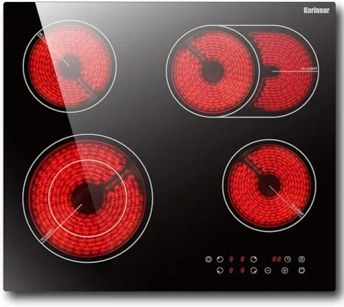 Karinear Placa Vitrocerámica 4 Fuegos, 60cm Placa Cocina con a Ampliar Placa Cocción Eléctrica, Vitroceramica Encastrable 6600W, Control Temporizador, Sin Enchufe