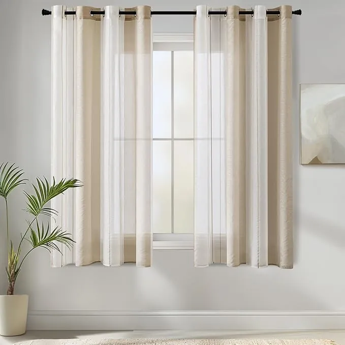 MIULEE Cortinas Salon Modernas con Rayas Blanco y Beige, Bonitas Cortinas Dormitorio Juvenil con Ojales, Translucidas Visillos Cortos para Ventanas Habitacion, Visillos Salón 2 Piezas, 2X A140xL175CM