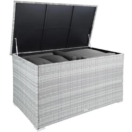 tectake Baúl de Almacenaje Exterior con 750 l de Capacidad, Arcón Exterior Atemporal de Poli ratán Resistente con Forro Interior Extraíble, Cofre para Jardín Exterior o Terraza - Gris Claro
