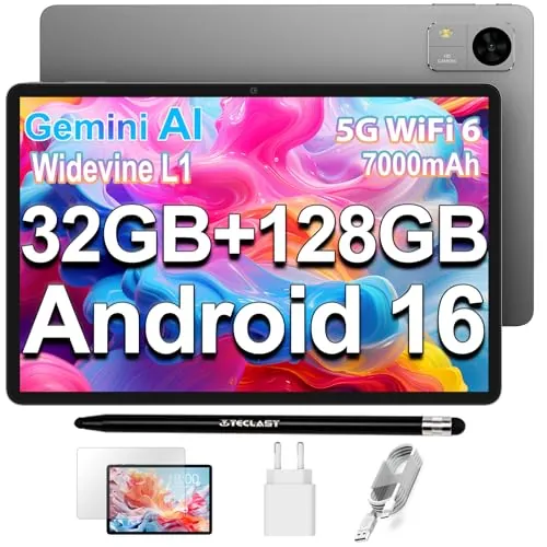 TECLAST M50T Tablet 10.1 Pulgadas Android 16 Tableta Gemini AI, 32GB RAM+128GB ROM+5TB TF, 2GHz Octa-Core, 7000mAh, 2.4G+5G WiFi, BT 5.4/Widevine L1/13MP+5MP/3.5MM/Face ID/OTG, Tablets con Lápiz, 2026