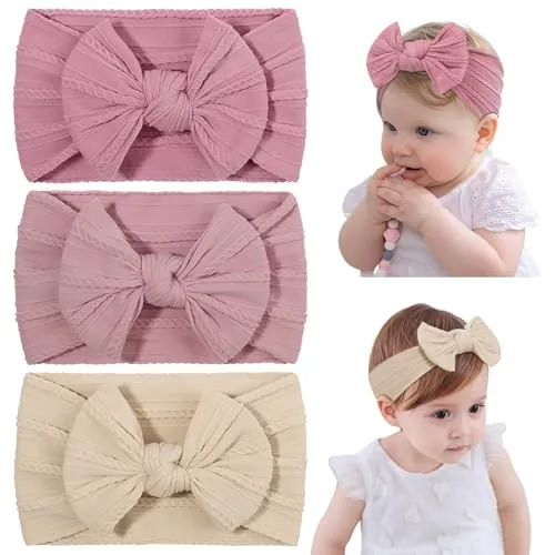 DiULi Bebé Niña Diademas, 3 Colores Conjunto de Diademas para Niñas, Elástica Cintas de Pelo Nylon para Neonatal Lactante Niño Pequeño Niños, Anchas Hairband con Lazo de Tela (Conjunto A-3pcs)