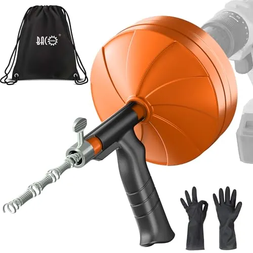 BACOENG Desatascador Tuberias Profesional con Barrena Pesada de 10 M, Alambre Desatascador Tuberias con Adaptador de Taladro - Se Adapta a Casi Todos los Desagües, con Guantes Incluidos, Naranja
