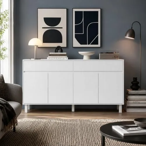 Aparador blanco, armario de comedor con 4 puertas y 2 cajones, armario de almacenamiento multifuncional con 5 patas, armario de almacenamiento con patrón, dormitorio, vestíbulo, salón, 160 x 40 x 75