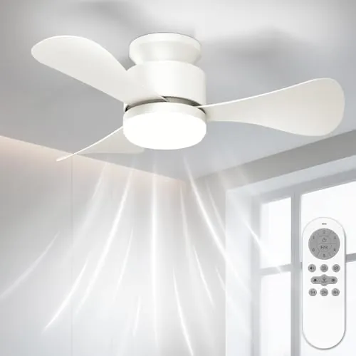 Airwit Pequeño 71cm Ventilador de Techo con Luz Silencioso, Regulable Ventilador Techo con Mando a Distancia y Reversible Motor DC para Dormitorio Salon Cocina, 6 Velocidades