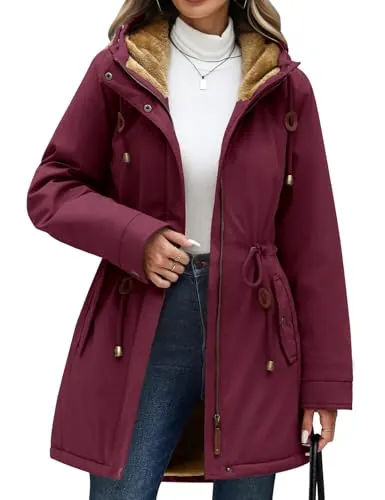 CMTOP Chaqueta Mujer Invierno Cálido Forro Polar Parka Elegante Casual Abrigo Gruesa Impermeable Cortaviento Hoodie Slim Fit Outwear con Capucha y Bolsillos(Borgoña, S)