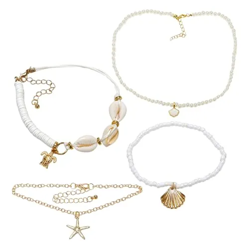 HDGSAFD 3 Piezas De Tobillera De Concha De Perla, 1 Pieza De Collar con Cole De Concha, Cadena De Tobillo para Fiesta En La Playa, Cadena De Clavícula De Perlas De Moda, Joyería De Niña De Moda.