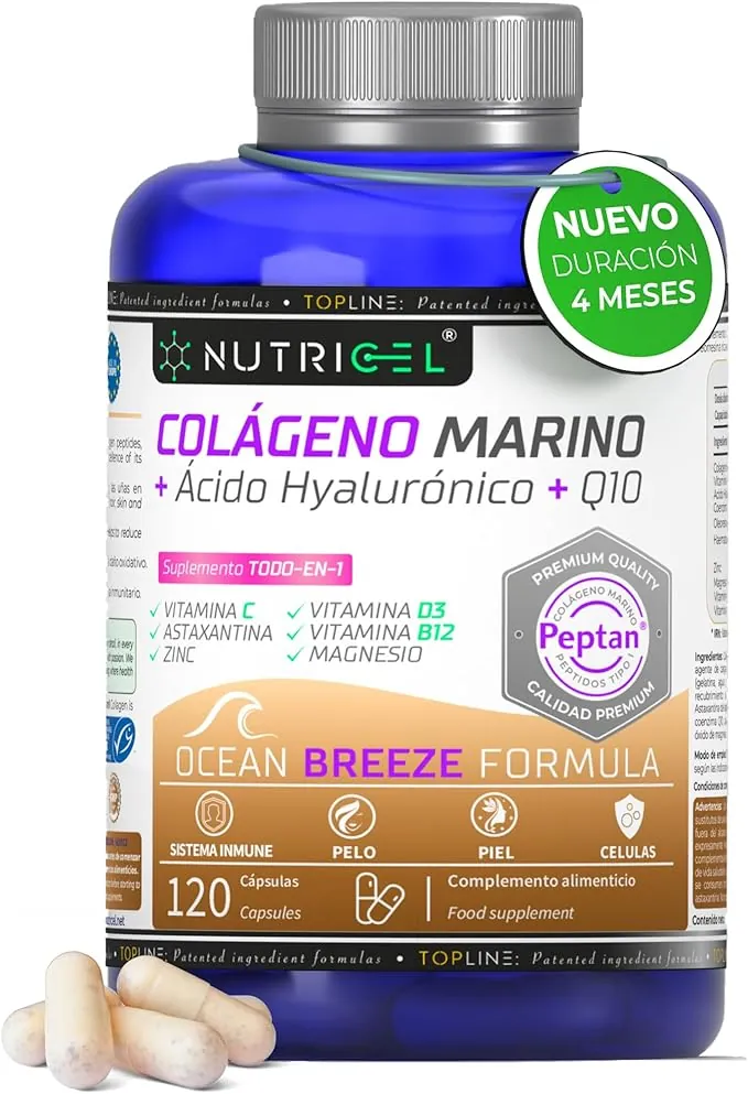 Colágeno Marino Hidrolizado Peptan® + Ácido hialuronico + Magnesio + Astaxantina + CoQ10 + Zinc + Vitaminas C, D3 y B12 - Articulaciones Fuertes, Piel Tersa y Energía - Probada en laboratorio