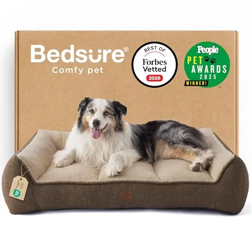 Bedsure Cama Lavable Perros Grandes - 106x76cm Sofá para Perro Extra Grueso y de Soporte con Funda Impermeable, Cama Antideslizante de Peluche Sherpa Suave, Marrón
